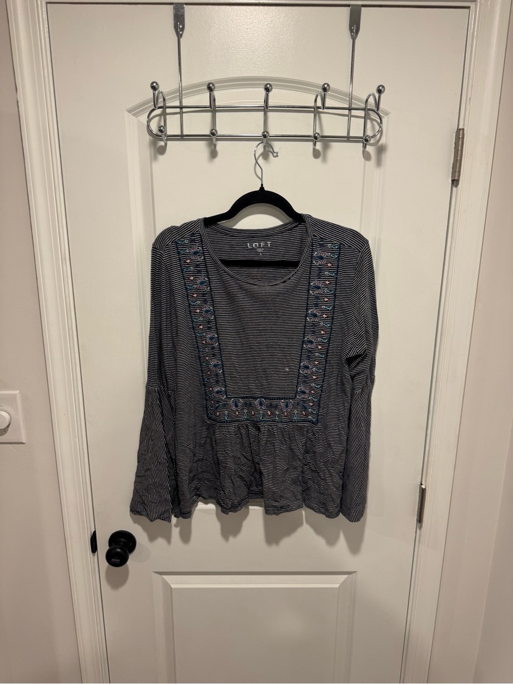 LOFT Navy and White Striped Embroidered Long-Sleeve Peasant Top